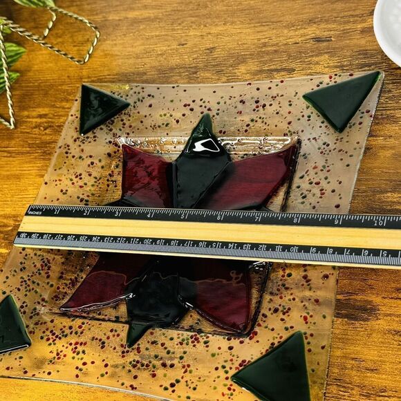 Fused Glass Signed Christmas Star Plate Serving Square Green Red Speckled 9” - Picture 12 of 12